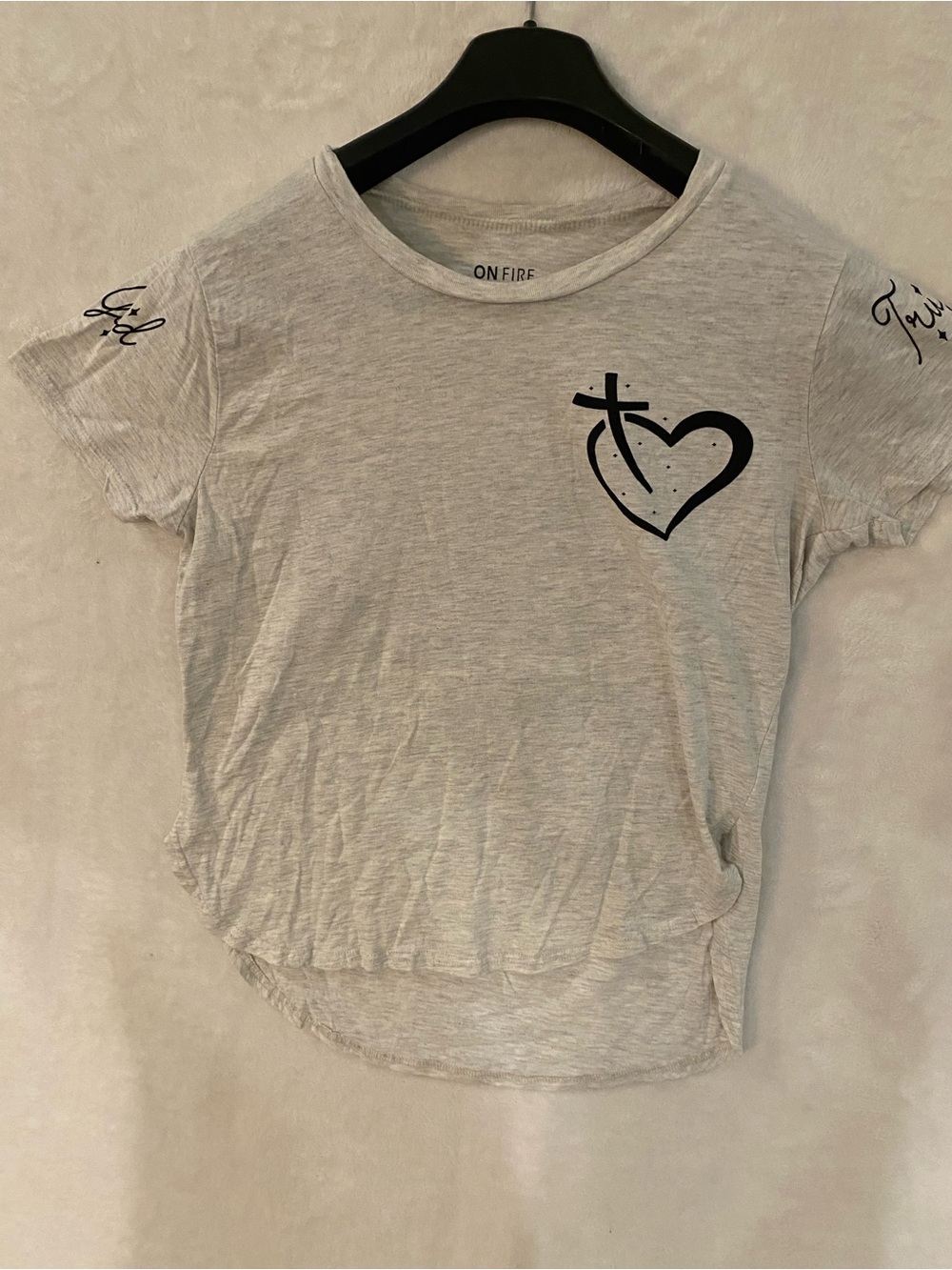 On Fire Heather Gray Short Sleeve Tee with Black Heart & Cross Graphic